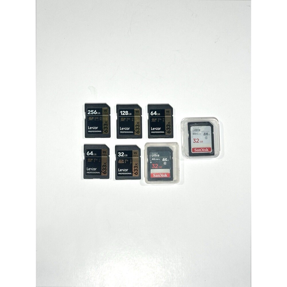 Lot Of 7 SD Cards 544GB Lexar 633x 256GB 128GB 64GBx2 32GB SanDisk 32GBx2 Tested